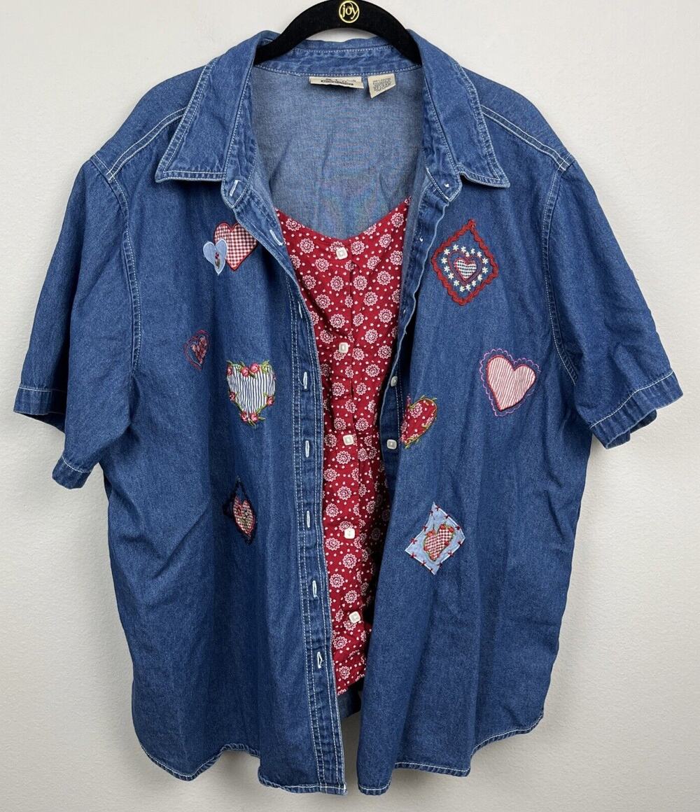 At Last Woman Size 22/24W Denim Button Up Shirt Hearts Embroidery Cottage Granny